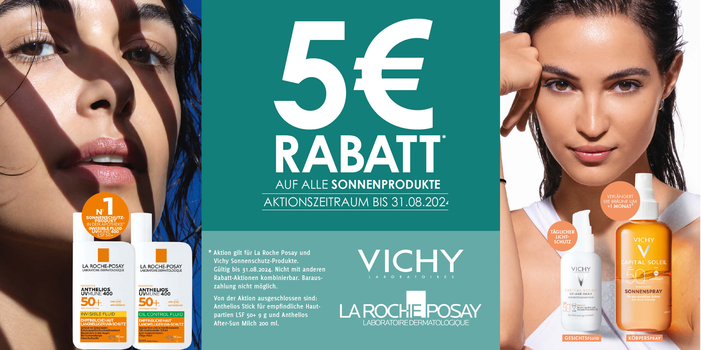 Rabattaktion bei Sonnenschutzpflege, zwei Frauengesichter werben für Produkte vcon Vichy und La Roche Posay